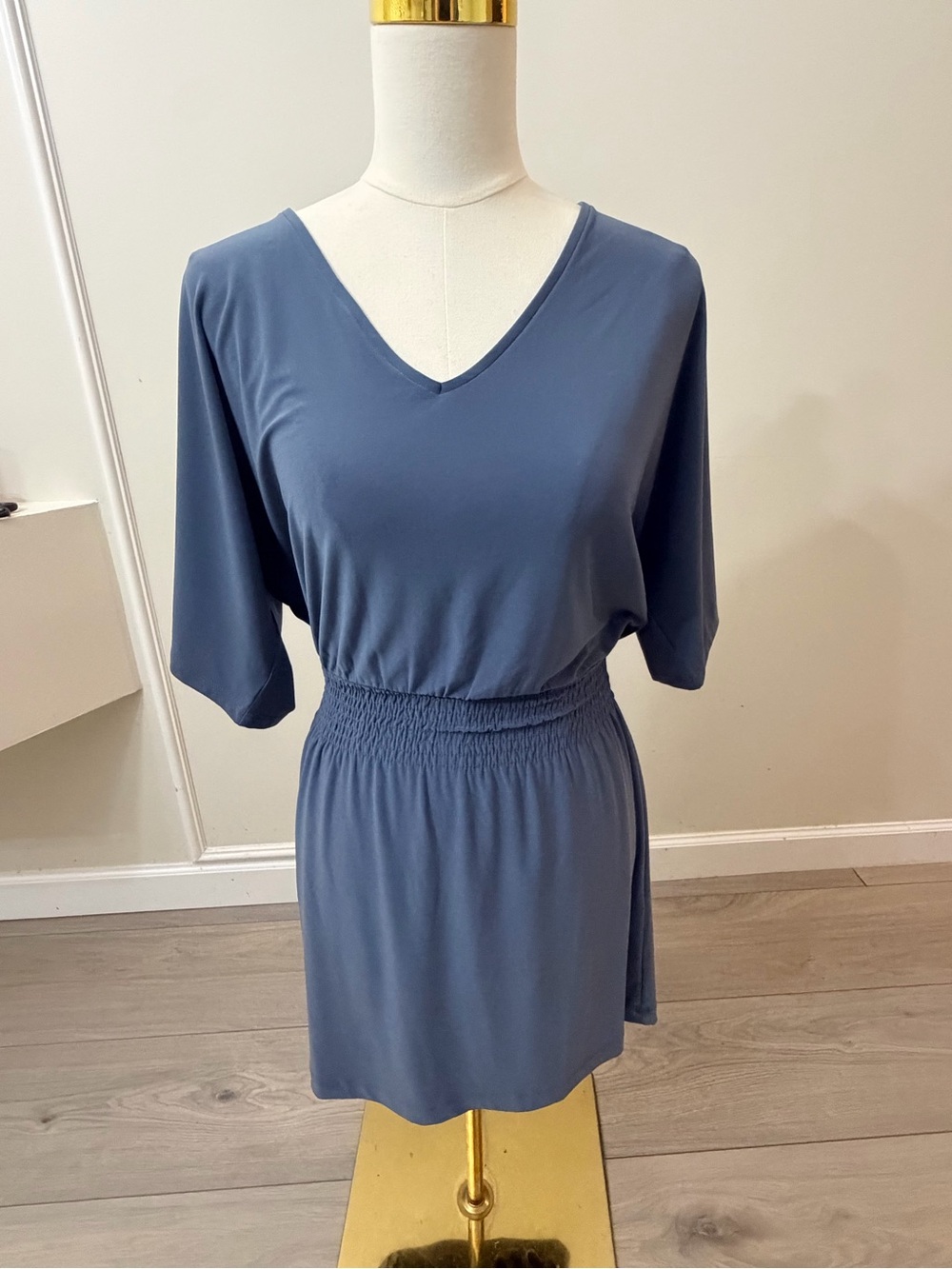 White House Black Market Dusty Blue V-Neck Smocked-Waist Midi Dress - Picture 2 of 6